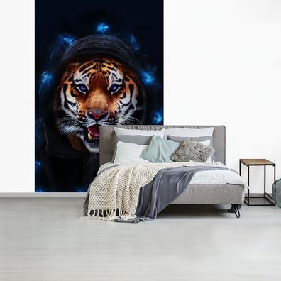 Fototapete - 180x280 cm - Porträt - Tiger - Blau (Gr. 180x280 cm)