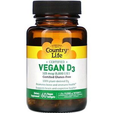 Country Life, Vegan D3, 125 mcg (5,000 IU), 60 Vegan Softgels