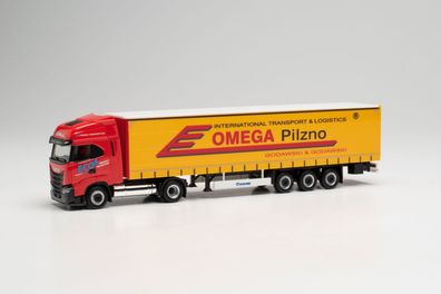 Herpa 314527 - Iveco S-Way LNG Gardinenplanen-Sattelzug "Omega Pilzno" (PL) 1:87