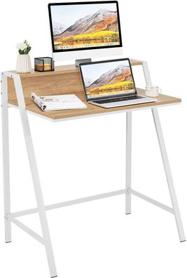 Schreibtisch 2-stöckig, Computertisch mit stabilem Metallrahmen, Arbeitstisch Walnuss