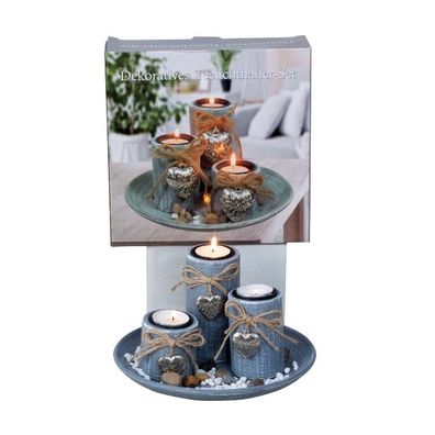 Teelichthalter-Set antik grau mit 3 Teelichthalter, incl. Streu + Platte Ø 20cm