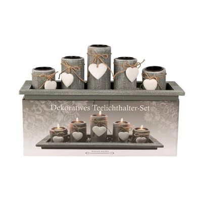 Teelichthalter-Set antik grau mit 5 Teelichthalter Platte LxB: 38 x 13 cm