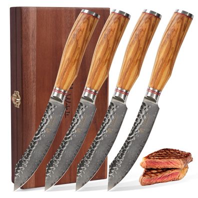 Wakoli Olive - Exklusive 4er Damast Steakmesser-Set, Klingenlänge 12.50 cm mit ...