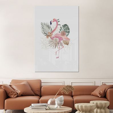 Glasbilder - 100x150 cm - Pflanzen - Flamingo - Blumen (Gr. 100x150 cm)