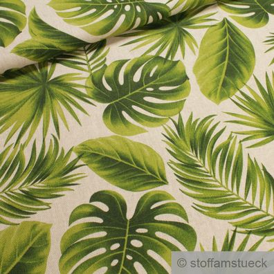 Stoff Baumwolle Polyester Rips natur Dschungel Leinenoptik Blätter Blatt