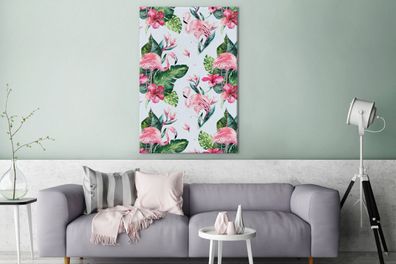 Leinwandbilder - 90x140 cm - Muster - Blätter - Flamingo (Gr. 90x140 cm)
