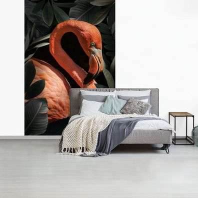 Fototapete - 225x350 cm - Flamingo - Porträt - Blätter (Gr. 225x350 cm)
