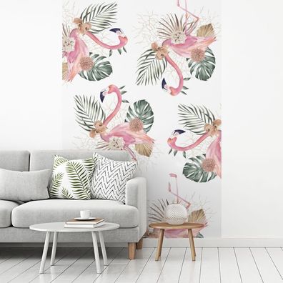 Fototapete - 195x300 cm - Muster - Blumen - Flamingo (Gr. 195x300 cm)