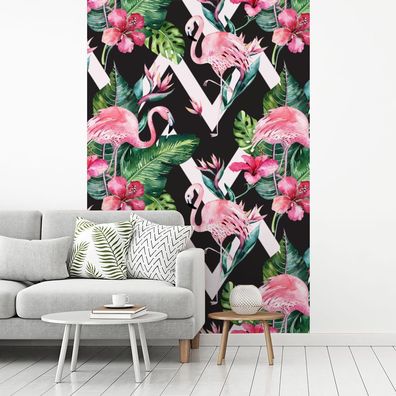 Fototapete - 180x280 cm - Muster - Blumen - Flamingo (Gr. 180x280 cm)