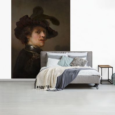 Fototapete - 190x260 cm - Tronie eines Mannes mit gefiederter Baskenmütze - Rembrandt