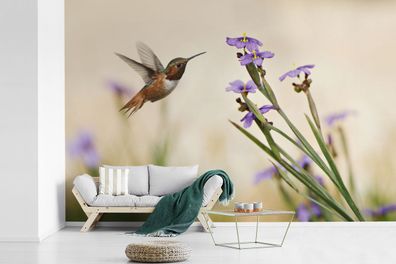 Fototapete - 450x300 cm - Vogel - Kolibri - Blumen - Lila (Gr. 450x300 cm)