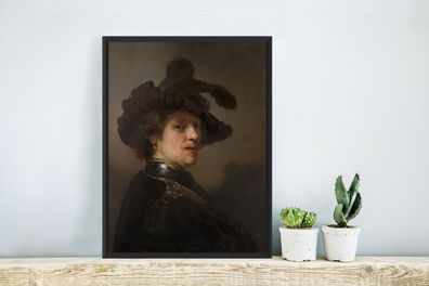 Poster - 30x40 cm - Tronie eines Mannes mit gefiederter Baskenmütze - Rembrandt van R