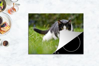 Herdabdeckplatte - 70x52 cm - Katze - Gras - Schwarz - Weiß