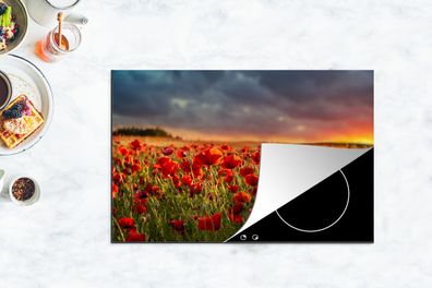 Herdabdeckplatte - 80x52 cm - Sonnenuntergang über einem Feld von Mohnblumen