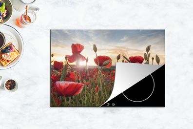 Herdabdeckplatte - 78x52 cm - Sonnenuntergang hinter den schönen Mohnblumen