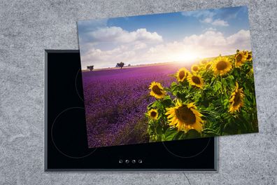 Herdabdeckplatte - 70x52 cm - Sonnenblumen neben einem Lavendelfeld