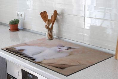 Herdabdeckplatte - 78x52 cm - Katze - Weiß - Bank
