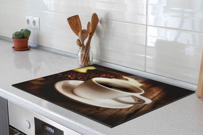 Herdabdeckplatte - 65x52 cm - Eine heiße Tasse Kaffee mit Kaffeebohnen