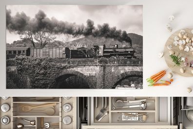 Herdabdeckplatte - 85x52 cm - Schwarz-weiße Illustration einer Dampflokomotive