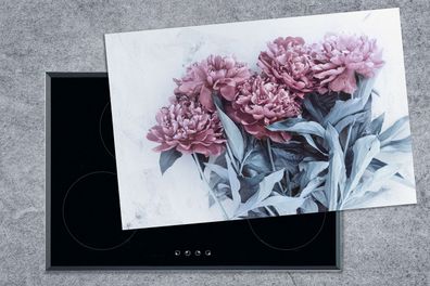 Herdabdeckplatte - 78x52 cm - Rosa Pfingstrosen auf Marmor