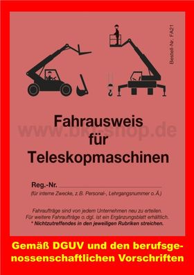 Fahrausweis Teleskopmaschinen Teleskoplader Radlader Frontlader DGUV G 308-009