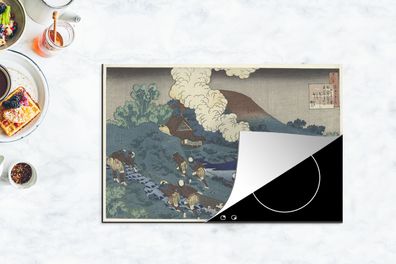 Herdabdeckplatte - 80x52 cm - Fischer ziehen ein Netz ein - Gemälde von Katsushika Ho