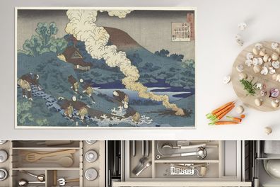 Herdabdeckplatte - 78x52 cm - Fischer ziehen ein Netz ein - Gemälde von Katsushika Ho