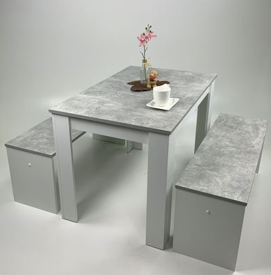 Esstischgruppe: Tisch + 2 Bänke 110x70 cm. Beton / Weiß Made in Germany