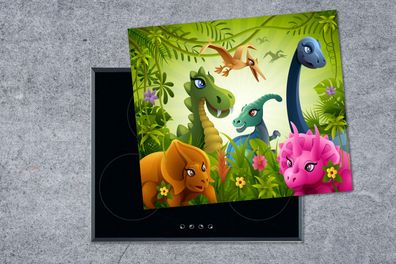 Herdabdeckplatte - 75x52 cm - Dinosaurier - Tiere - Dschungel - Illustration