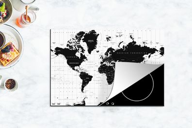 Herdabdeckplatte - 78x52 cm - Weltkarte - Schwarz - Weiß - Atlas