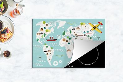 Herdabdeckplatte - 78x52 cm - Weltkarte - Kinder - Flugzeug - Natur