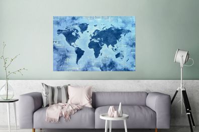 Glasbilder - 120x80 cm - Weltkarte - Blau - Zeitung (Gr. 120x80 cm)