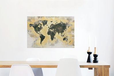 Glasbilder - 60x40 cm - Weltkarte - Zeitung - Gold (Gr. 60x40 cm)