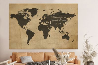 Glasbilder - 150x100 cm - Weltkarte - Vintage - Zitat (Gr. 150x100 cm)