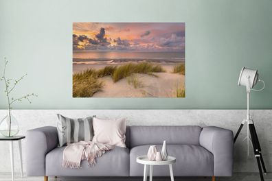 Glasbilder - 120x80 cm - Feuriger Sonnenuntergang über dem Strand von Nes auf Ameland