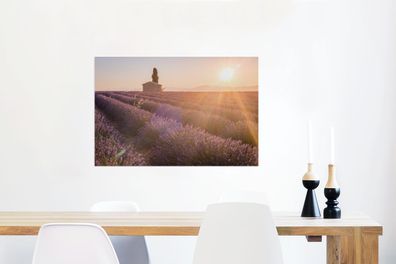 Glasbilder - 90x60 cm - Sonnenaufgang über einem Lavendelfeld (Gr. 90x60 cm)