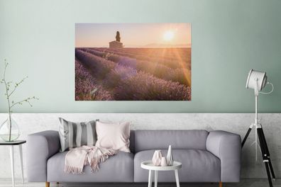 Glasbilder - 120x80 cm - Sonnenaufgang über einem Lavendelfeld (Gr. 120x80 cm)