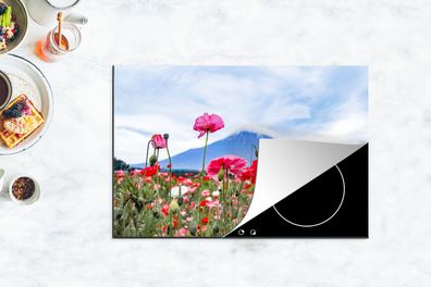 Herdabdeckplatte - 78x52 cm - Rosa Mohnblumen für einen Berg