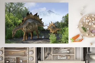 Herdabdeckplatte - 80x52 cm - Dinosaurier - Berg - Wald - Illustration