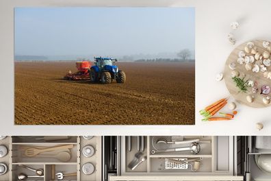 Herdabdeckplatte - 80x52 cm - Traktor - Blau - Nebel