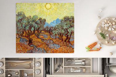 Herdabdeckplatte - 60x52 cm - Olivenbäume mit gelbem Himmel und Sonne - Vincent van G