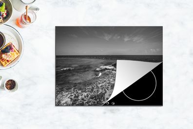 Herdabdeckplatte - 70x52 cm - Isla Mujeres mit Meerblick - Schwarz und Weiß