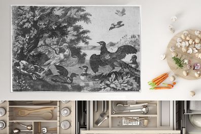 Herdabdeckplatte - 78x52 cm - Wasservögel und ein Hund - Melchior d'Hondecoeter