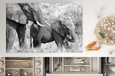 Herdabdeckplatte - 80x52 cm - Baby-Elefant und ihre Mutter in Kenia in schwarz und we