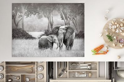 Herdabdeckplatte - 70x52 cm - Baby-Elefant mit ihrer Mutter in schwarz und weiß