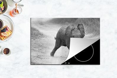 Herdabdeckplatte - 78x52 cm - Baby-Elefant zu Fuß in den Sand in schwarz und weiß