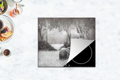 Herdabdeckplatte - 75x52 cm - Baby-Elefant mit ihrer Mutter in schwarz und weiß
