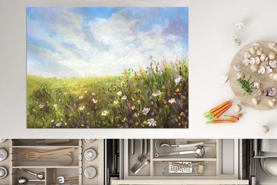 Herdabdeckplatte - 70x52 cm - Sommer - Blumen - Ölfarbe