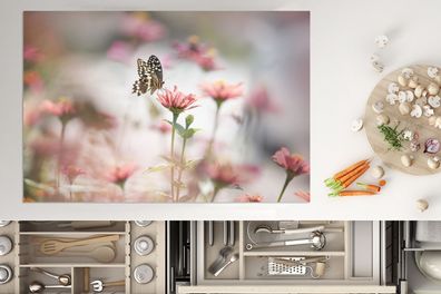 Herdabdeckplatte - 78x52 cm - Schmetterling - Blume - Rosa