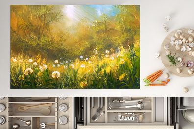 Herdabdeckplatte - 80x52 cm - Blumen - Sommer - Aquarell